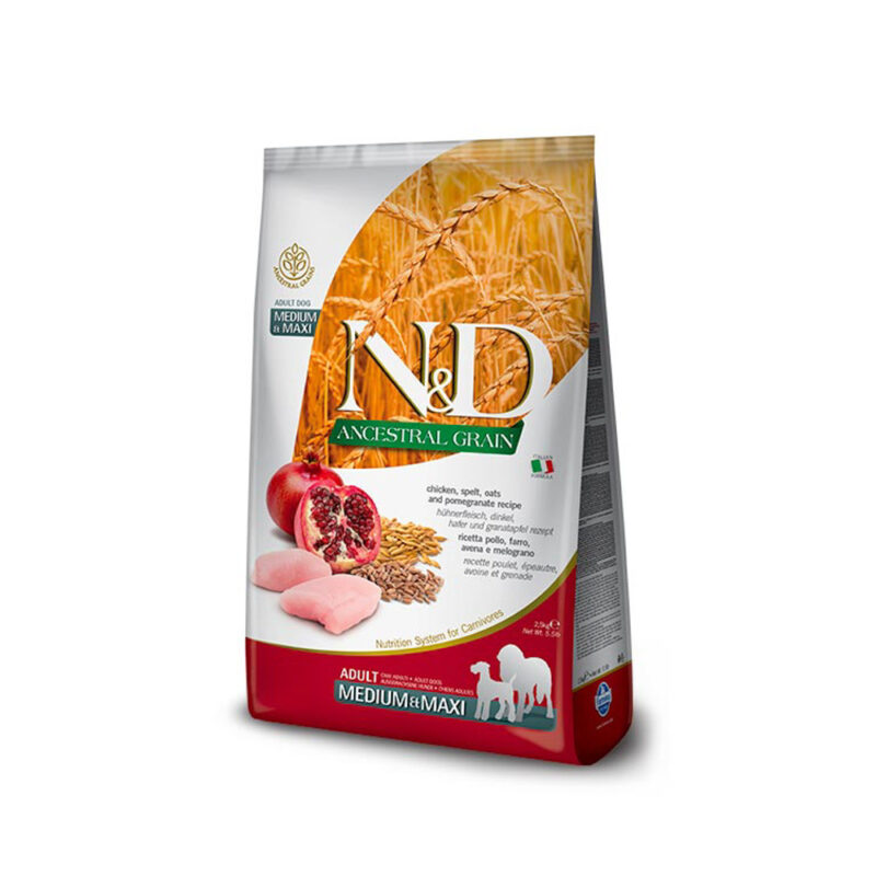 Croccantini per cani Farmina N&D Ancestral Grain Free Adult Medium/Maxi con pollo melograno farro e avena