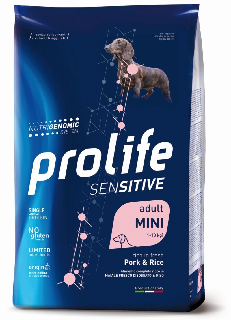 Prolife Sensitive Adult Mini Maiale e Riso - Croccantini per Cani 2Kg - Omaggio 5 Bustine 100g Stesso Gusto